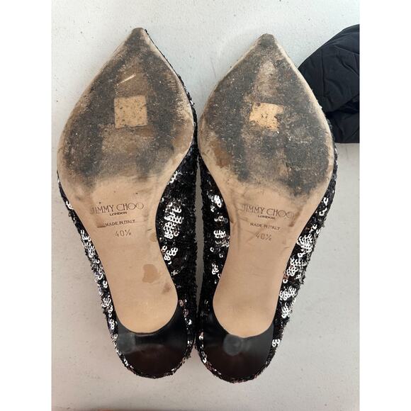 Jimmy Choo Abel Pumps Size 40.5 Sequin Black Silver Pointed Toe Stiletto - Picture 9 of 13